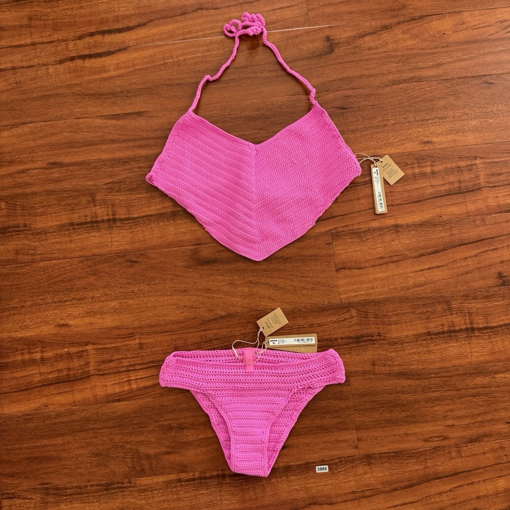 Skims Crochet Swim Bikini SET Top & Bottom Sz XXS Taffy Pink Stretch NWT